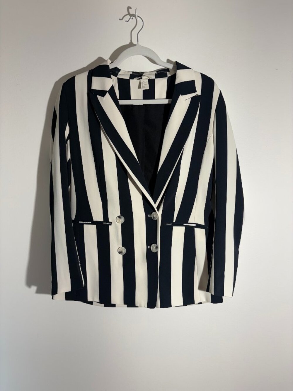 H&M Black and White Vertical Striped Double Breasted Blazer Jacket Size 8